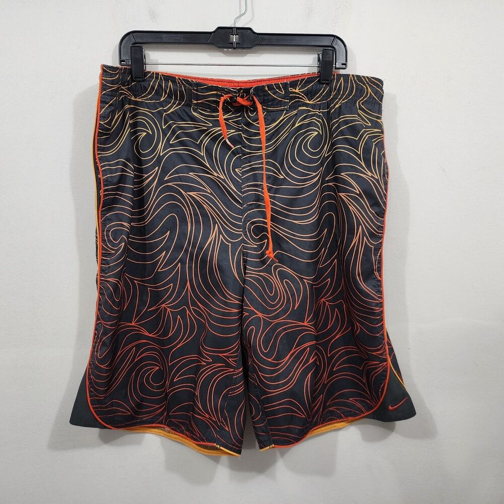 Vintage NIKE Board Shorts Swim Trunks Mens XL Black Orange Flame AOP Drawstring